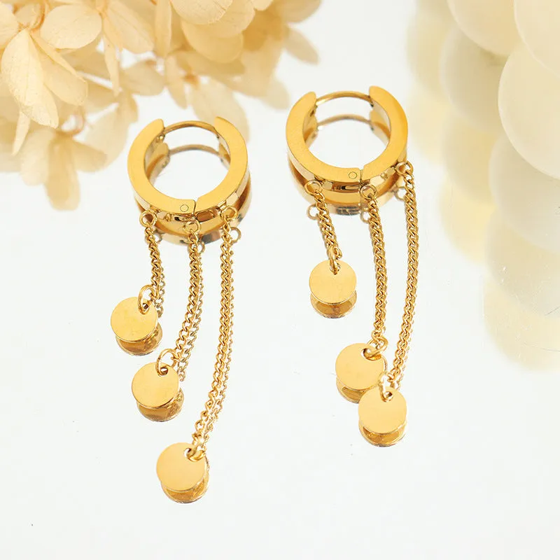 18k Gold Simple and Exquisite Geometric Disc Tassel Design Earrings