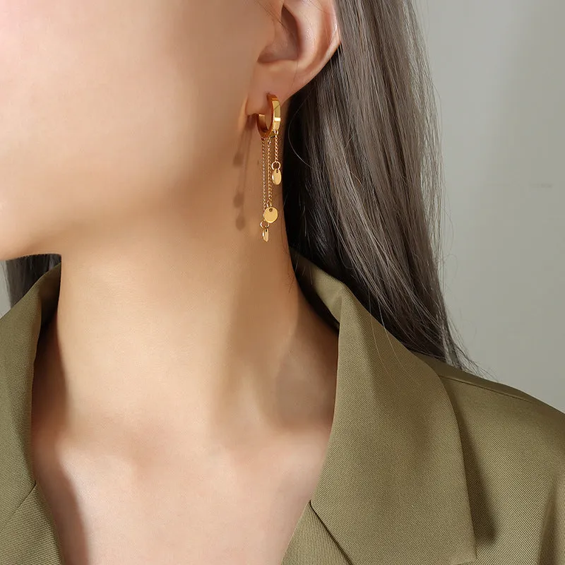 18k Gold Simple and Exquisite Geometric Disc Tassel Design Earrings