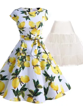 2PCS Top Seller 1950s Lemon Belted Swing Dress & White Petticoat