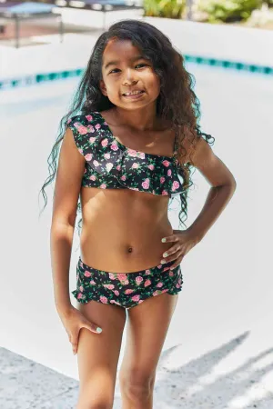 Clear Waters Two-Piece Girls Swim Set in Black Roses