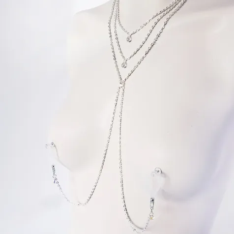 Elegant crystal teardrop 3 tiered necklace with attached nipple nooses or feel the sting with nipple clamps. BDSM, Submissive, DDLG