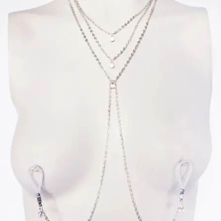 Elegant crystal teardrop 3 tiered necklace with attached nipple nooses or feel the sting with nipple clamps. BDSM, Submissive, DDLG