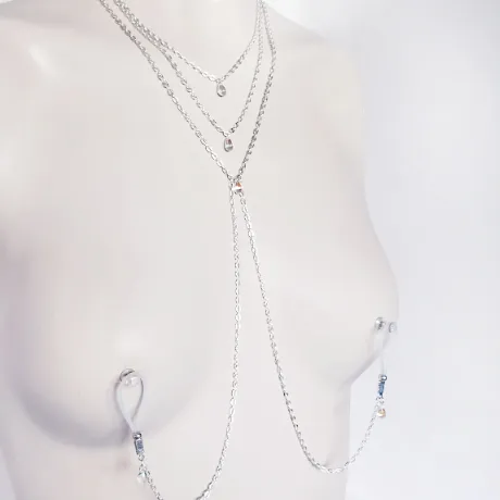 Elegant crystal teardrop 3 tiered necklace with attached nipple nooses or feel the sting with nipple clamps. BDSM, Submissive, DDLG