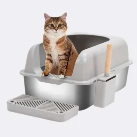 Extra-Large Semi-Enclosed Stainless Steel Litter Box with Splash Guard Design