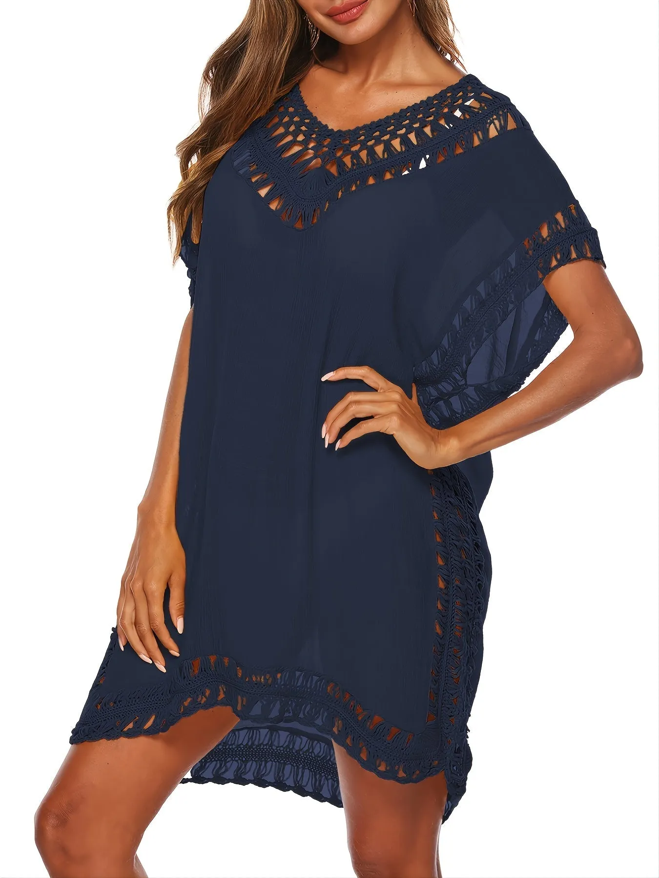 Loose Shape Lace Hollow Out Trim Sheer Cover Up Deep Solid Color Beachwear