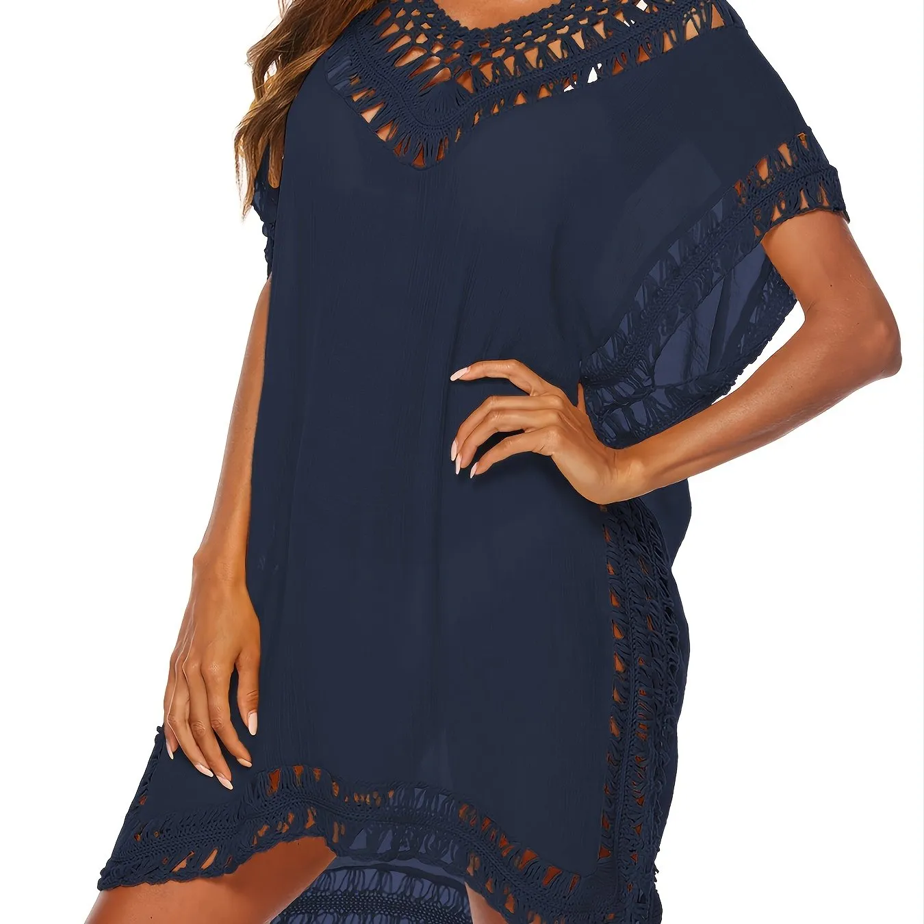 Loose Shape Lace Hollow Out Trim Sheer Cover Up Deep Solid Color Beachwear