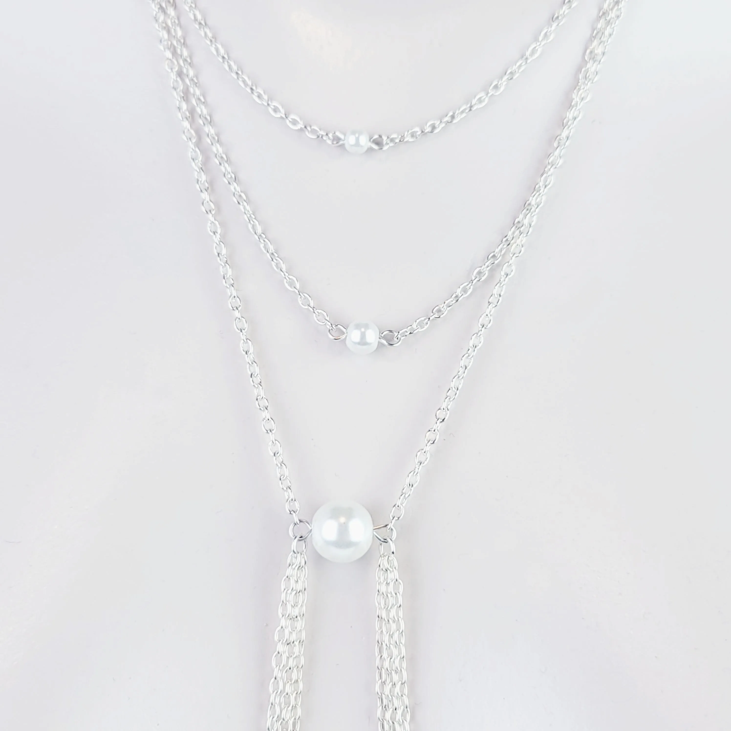 Multi Tiered Pearl Necklace to Nipple, Non-Piercing or with Nipple Clamps.