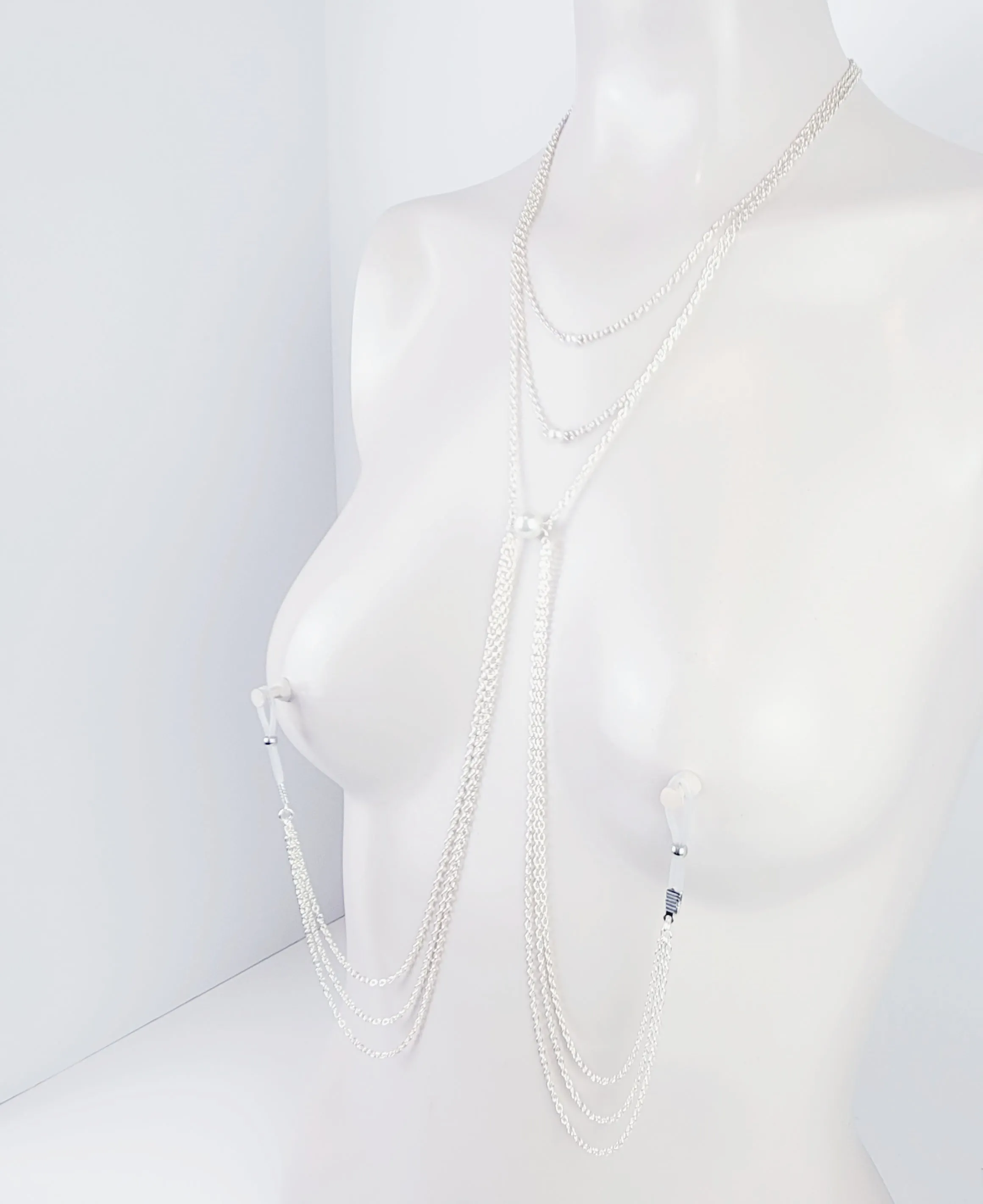 Multi Tiered Pearl Necklace to Nipple, Non-Piercing or with Nipple Clamps.