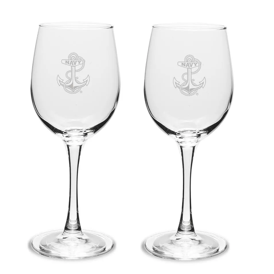 Navy Anchor Set of Two 12oz Wine Glasses with Stem*