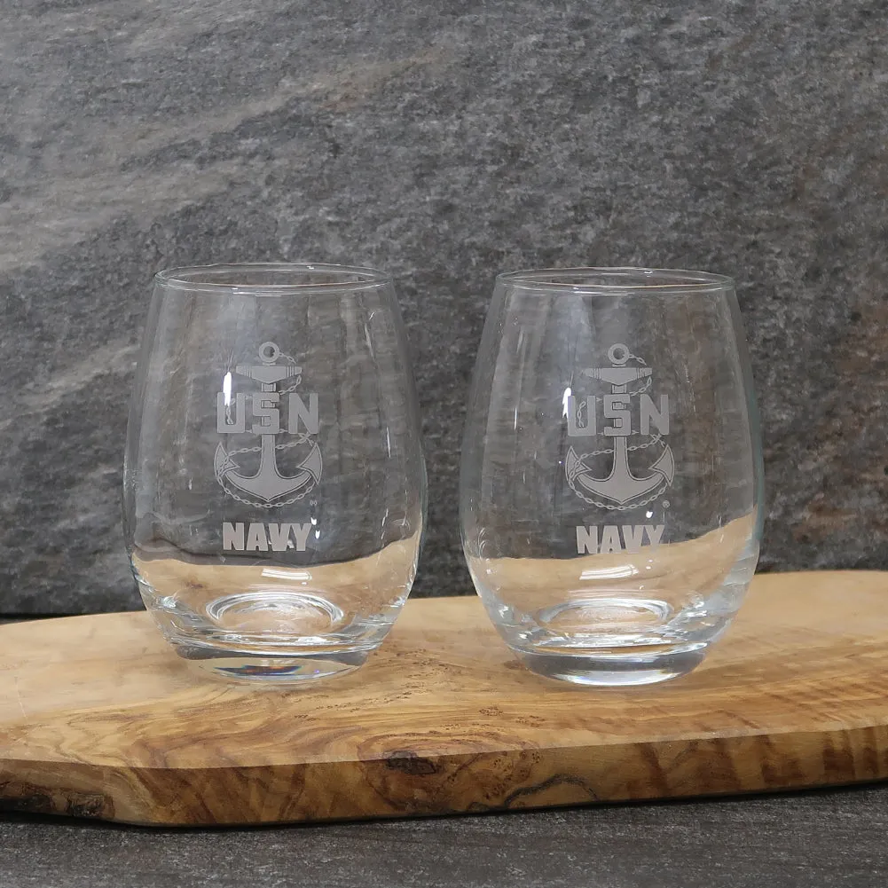 Navy Anchor Set of Two 15oz Stemless Wine Glasses*