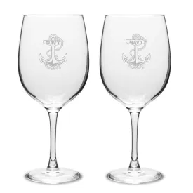 Navy Anchor Set of Two 19oz Wine Glasses with Stem*