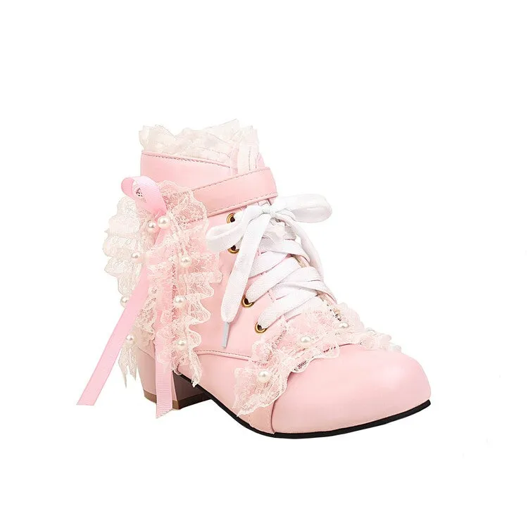 Princess Ribbon Lace Pink Black White Winter Zip Up Little High Heels Boots