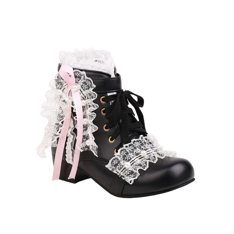 Princess Ribbon Lace Pink Black White Winter Zip Up Little High Heels Boots