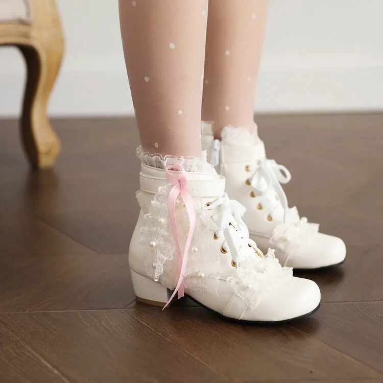 Princess Ribbon Lace Pink Black White Winter Zip Up Little High Heels Boots