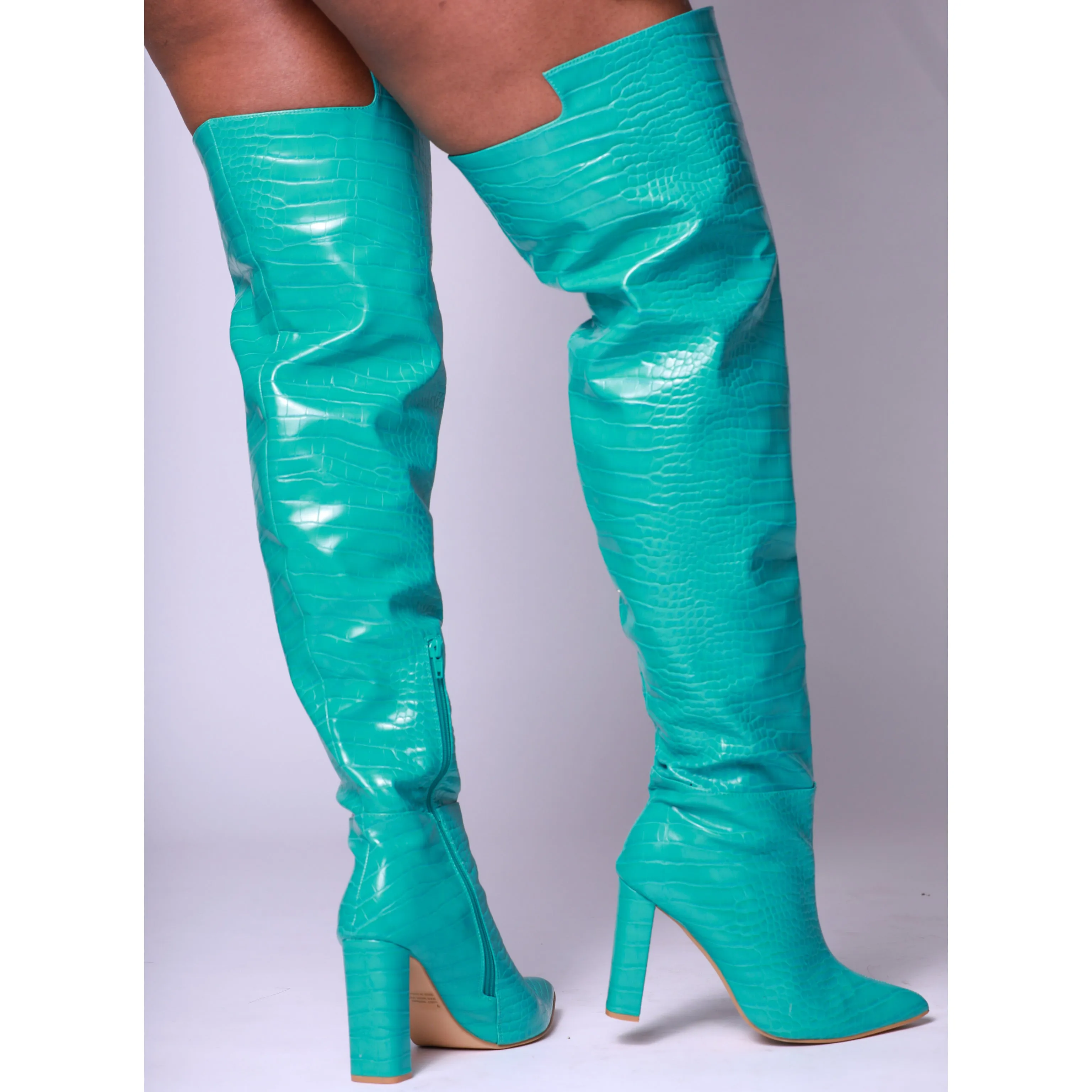 Turquoise Croc Print Block Heel Thigh High Boot