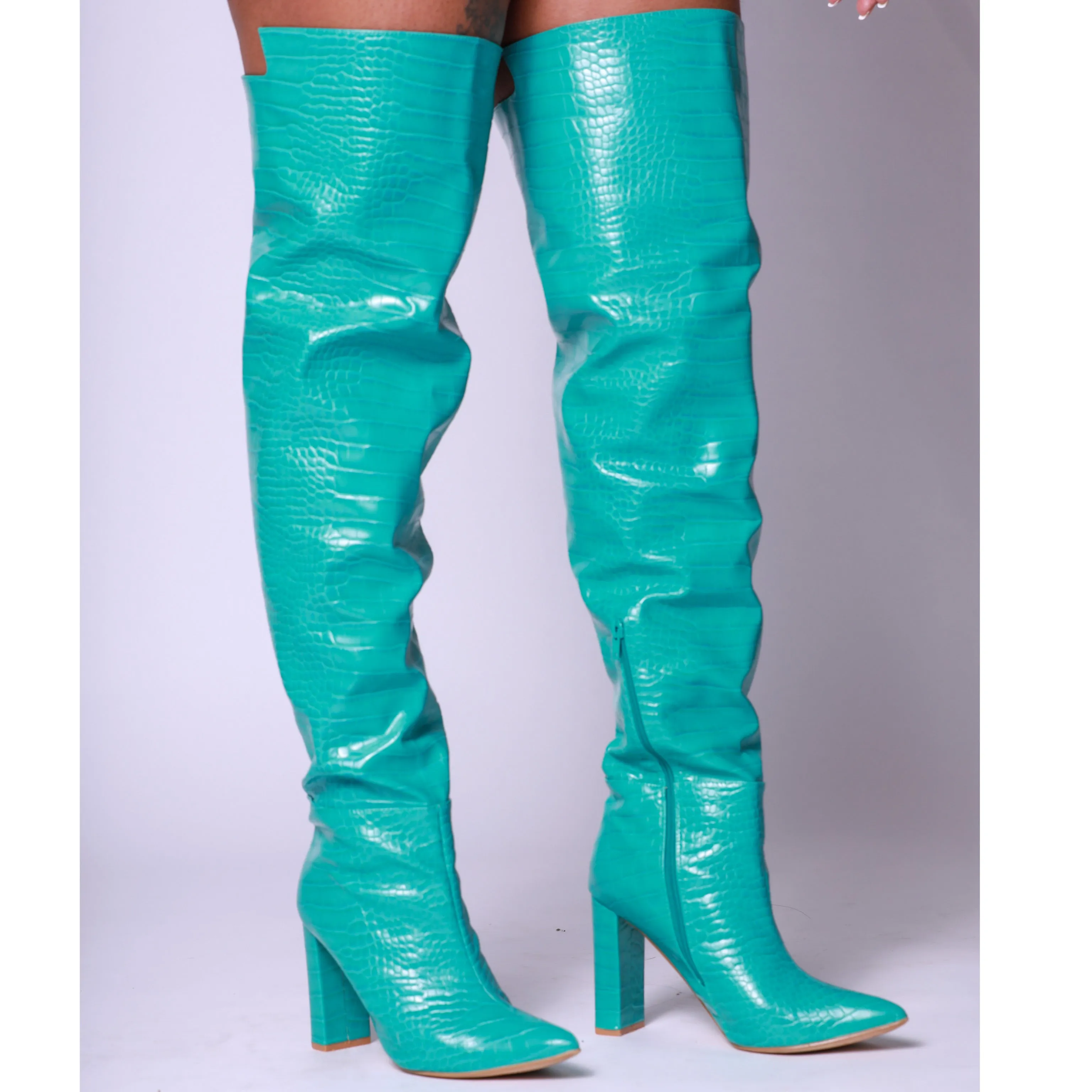 Turquoise Croc Print Block Heel Thigh High Boot