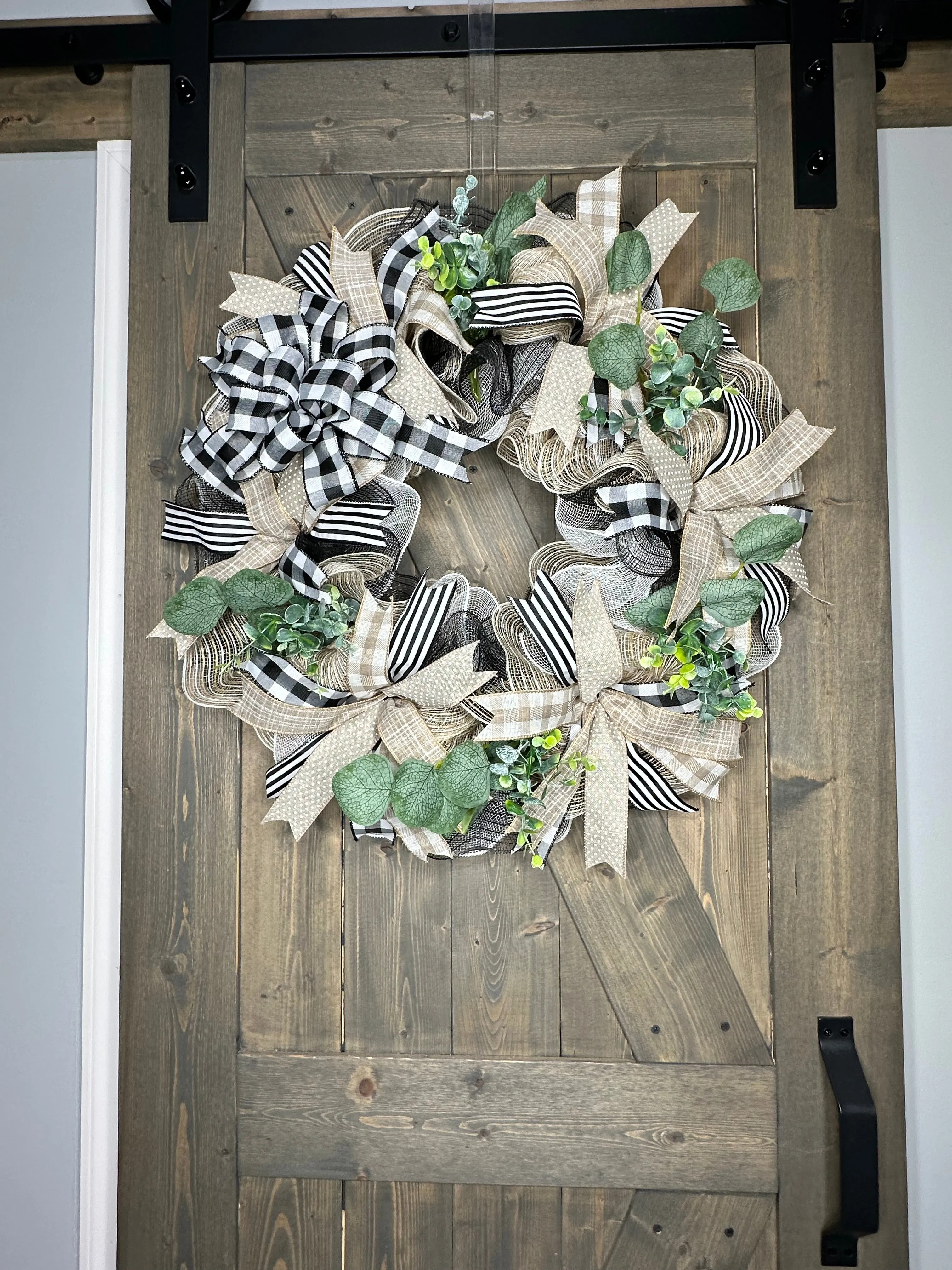 Wreath Black White Buffalo Plaid Handcrafted Rustic Neutral Farmhouse Styled  Front Door Year-Round All-Season Eucalyptus Boxwood Great Gift