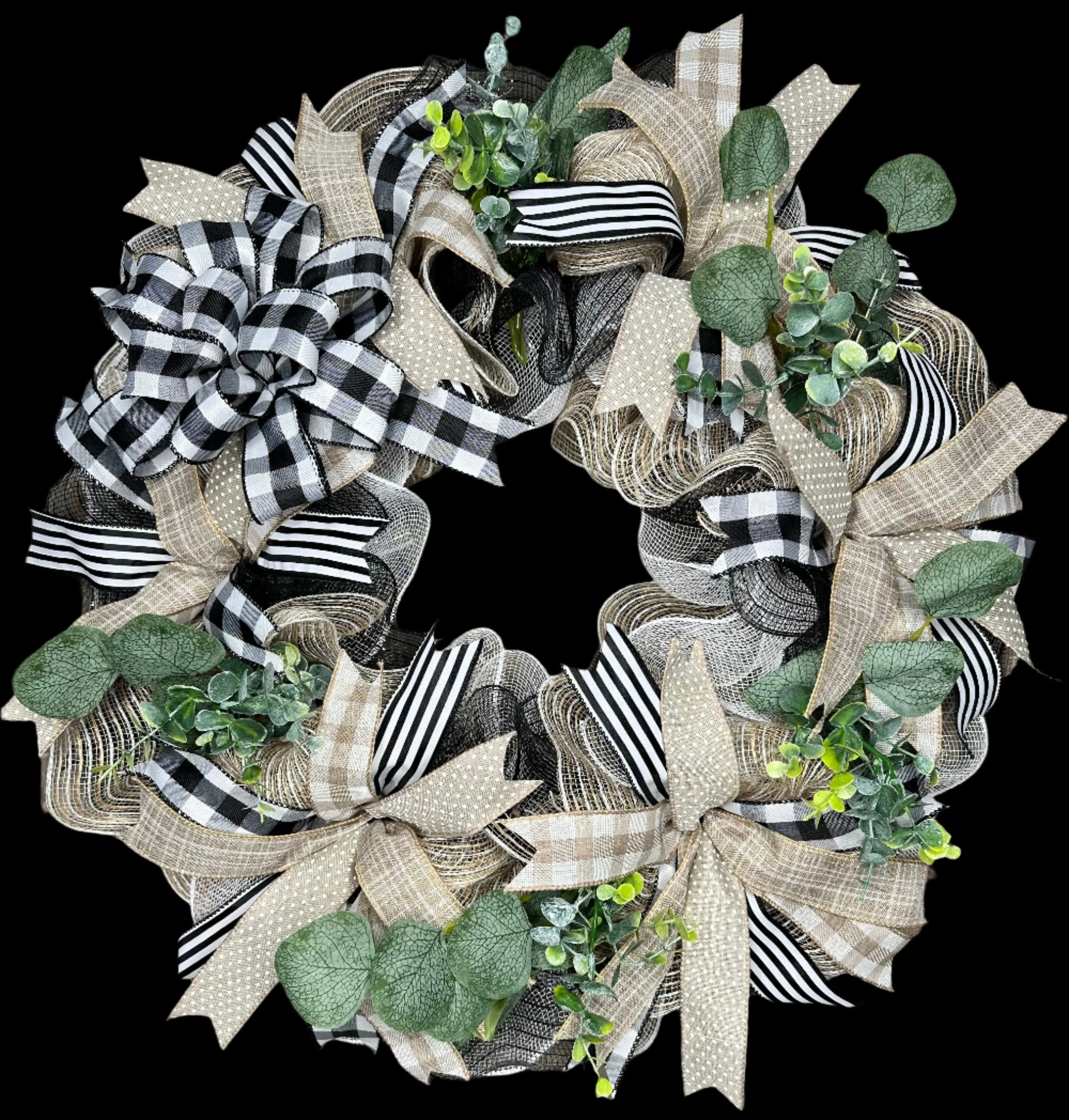 Wreath Black White Buffalo Plaid Handcrafted Rustic Neutral Farmhouse Styled  Front Door Year-Round All-Season Eucalyptus Boxwood Great Gift