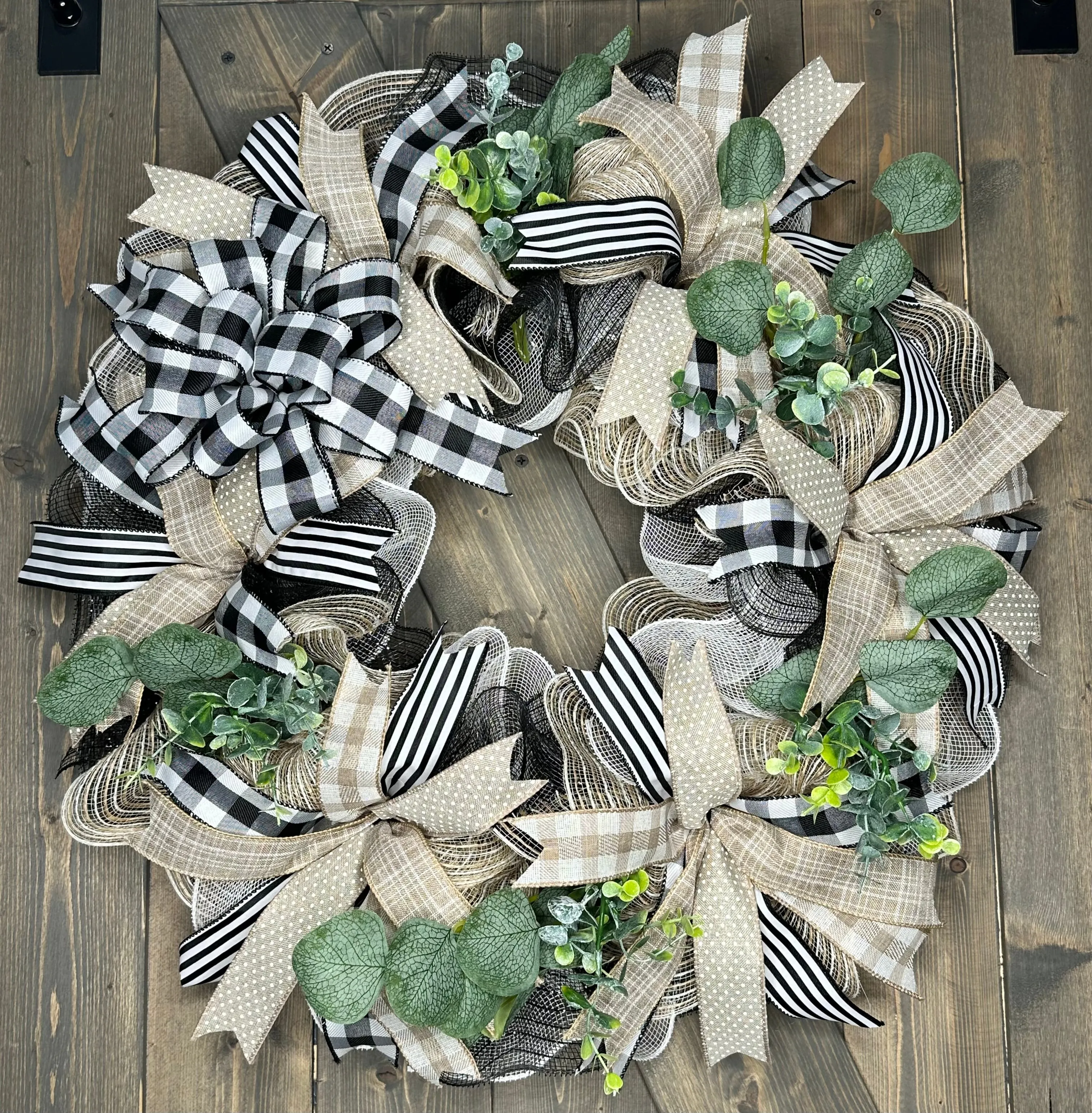 Wreath Black White Buffalo Plaid Handcrafted Rustic Neutral Farmhouse Styled  Front Door Year-Round All-Season Eucalyptus Boxwood Great Gift