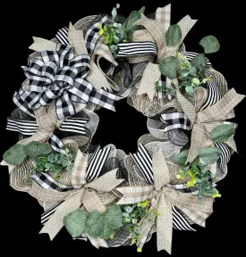 Wreath Black White Buffalo Plaid Handcrafted Rustic Neutral Farmhouse Styled  Front Door Year-Round All-Season Eucalyptus Boxwood Great Gift